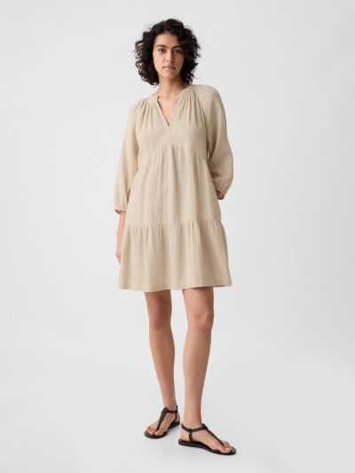 Μπεζ Crinkle Gauze Tiered Mini Φόρεμα-429447000