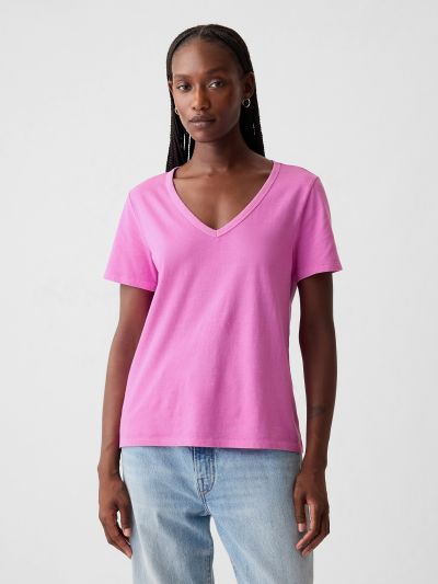 Μοβ Vintage V-Neck Μπλούζα από Οργανικό Βαμβάκι-740140069