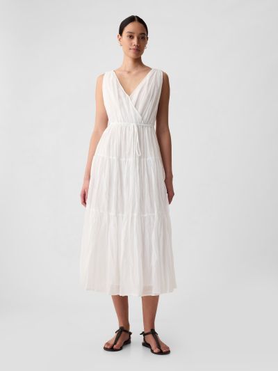 Άσπρο Pleated Tiered Maxi Φόρεμα-429510002