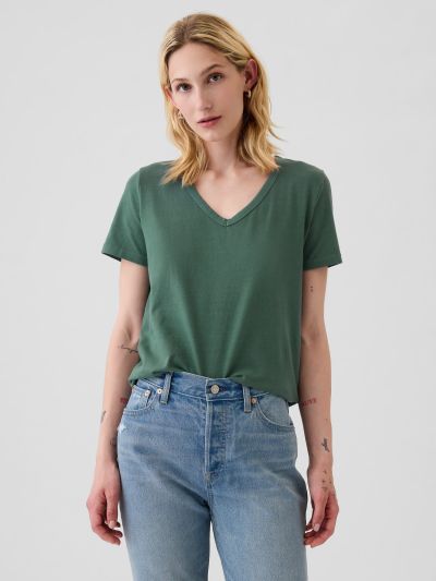 Πράσινη Vintage V-Neck Μπλούζα από Οργανικό Βαμβάκι-740140074