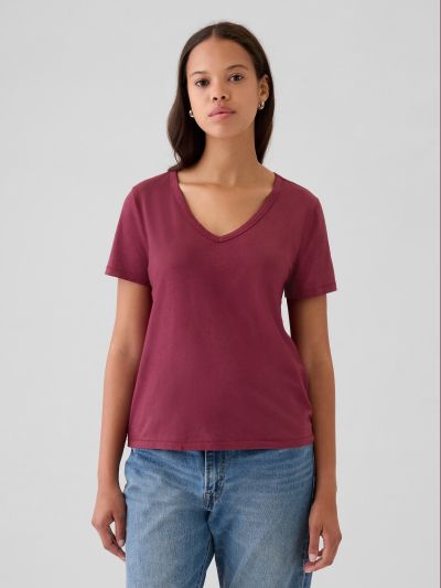 Κόκκινη Vintage V-Neck Μπλούζα από Οργανικό Βαμβάκι-740140072