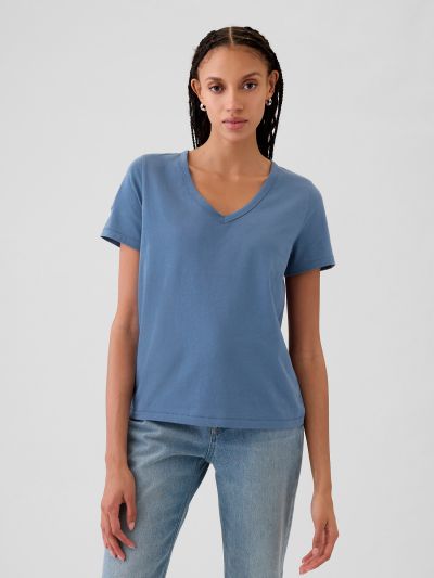 Μπλε Vintage V-Neck Μπλούζα από Οργανικό Βαμβάκι-740140073