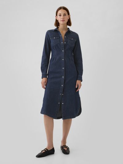 Western Pleated Denim Midi Dress-516975000